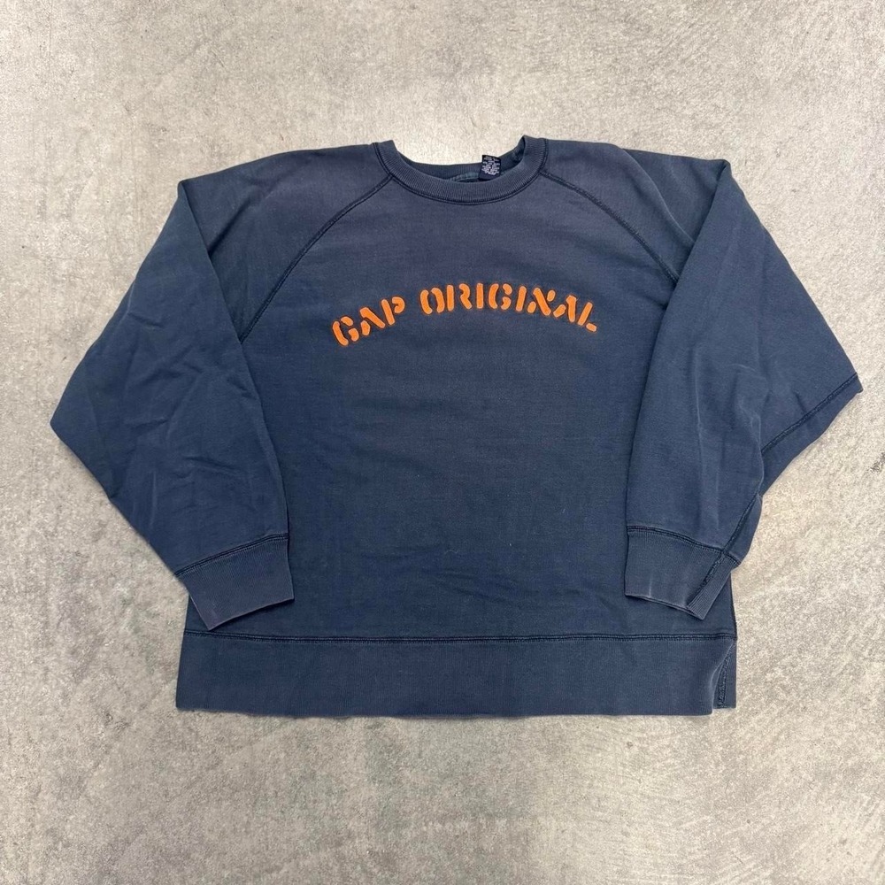 VTG Mens GAP Original Sweater Size L Navy Pullover Orange Spellout Embroidered